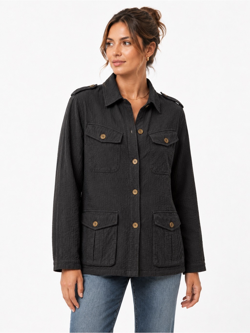 Women Rag & Bone Black Cotton Textured Military Utility Safari Field Jacket Sz S